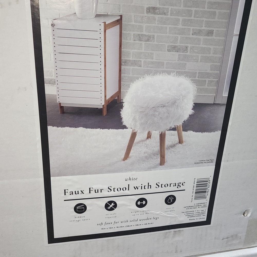 Fluffy White Faux Fur Stool With Storage